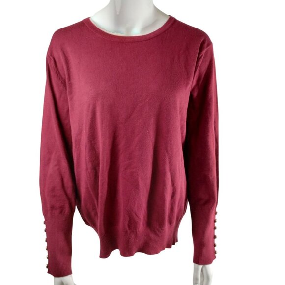 Zenana Misses 2X  Burgundy Crew Neck Button Sleeve Sweater - Picture 1 of 8